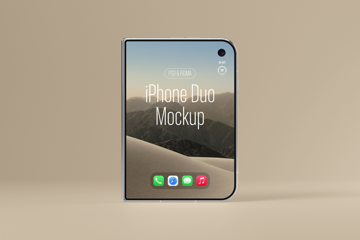 Direct front view of a folded silver smartphone standing upright, showing its outer display with a desert wallpaper and app icons.