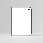 Direct front view of a folded smartphone standing upright, showing the blank outer display on a light background.