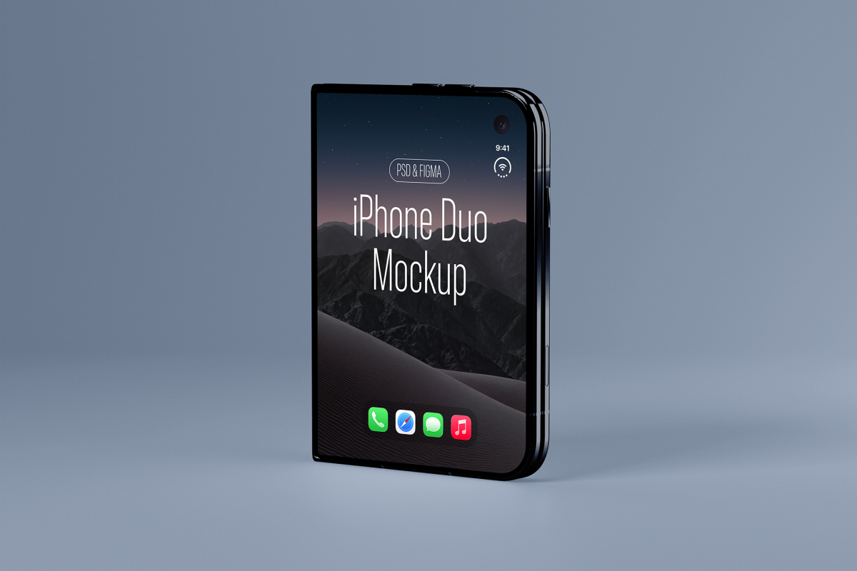 Angled front-side view of a folded dark smartphone standing vertically on a muted blue background, showing its cover screen interface.