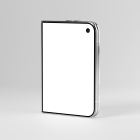 Angled front-side view of a folded smartphone standing vertically on a plain background with a blank display.
