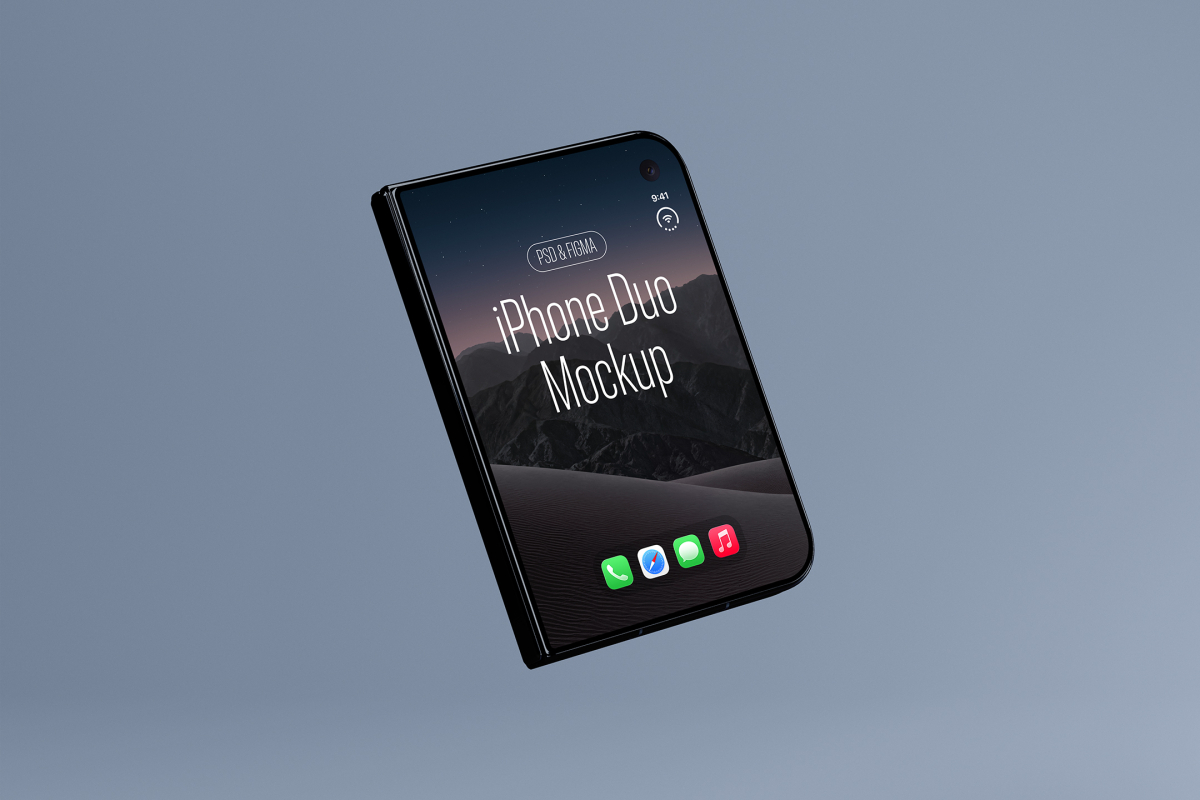 Floating perspective view of a closed dark foldable smartphone angled diagonally, showing a dark desert landscape wallpaper with 'iPhone Duo Mockup' text on a slate blue background.