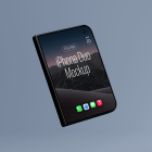 Floating perspective view of a closed dark foldable smartphone angled diagonally, showing a dark desert landscape wallpaper with 'iPhone Duo Mockup' text on a slate blue background.