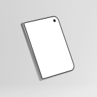 Floating view of a closed foldable smartphone positioned diagonally, displaying a blank white outer screen on a light gray background.