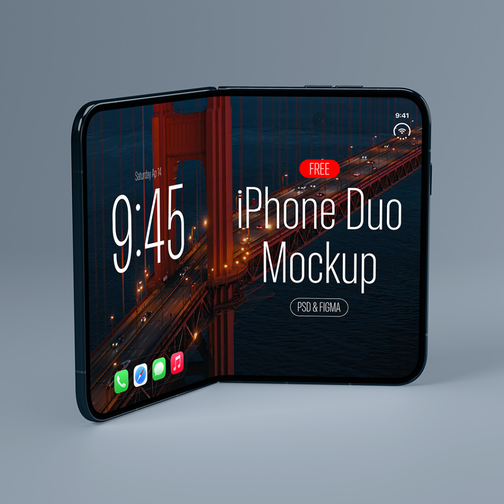 Foldable smartphone Duo mockup with blank screen. Free iPhone Duo Mockup