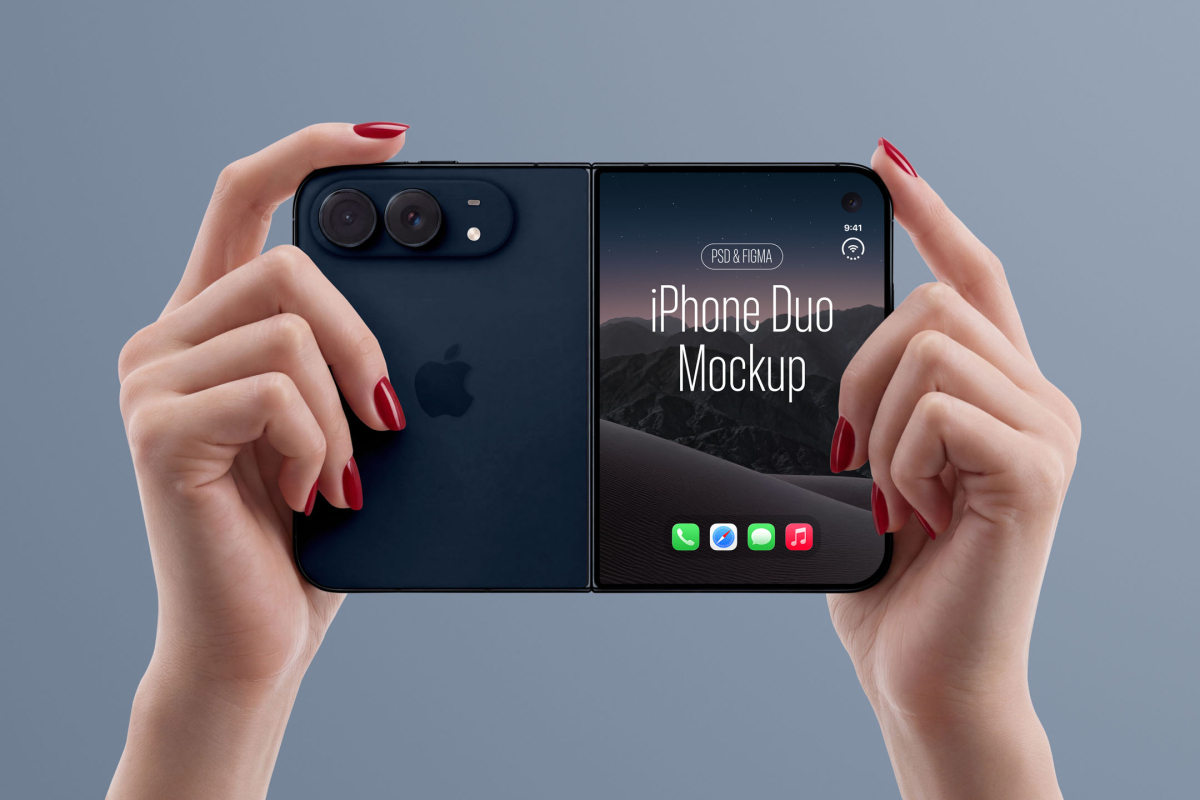 Hands with red painted nails holding a dark foldable smartphone flat, showing the dark matte back panel and a screen displaying 'iPhone Duo Mockup'.