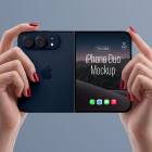 Hands with red painted nails holding a dark foldable smartphone flat, showing the dark matte back panel and a screen displaying 'iPhone Duo Mockup'.