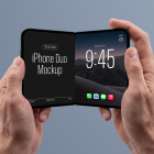 Two hands holding an open dark foldable smartphone showing a split screen display with title text on the left and a lock screen clock on the right.