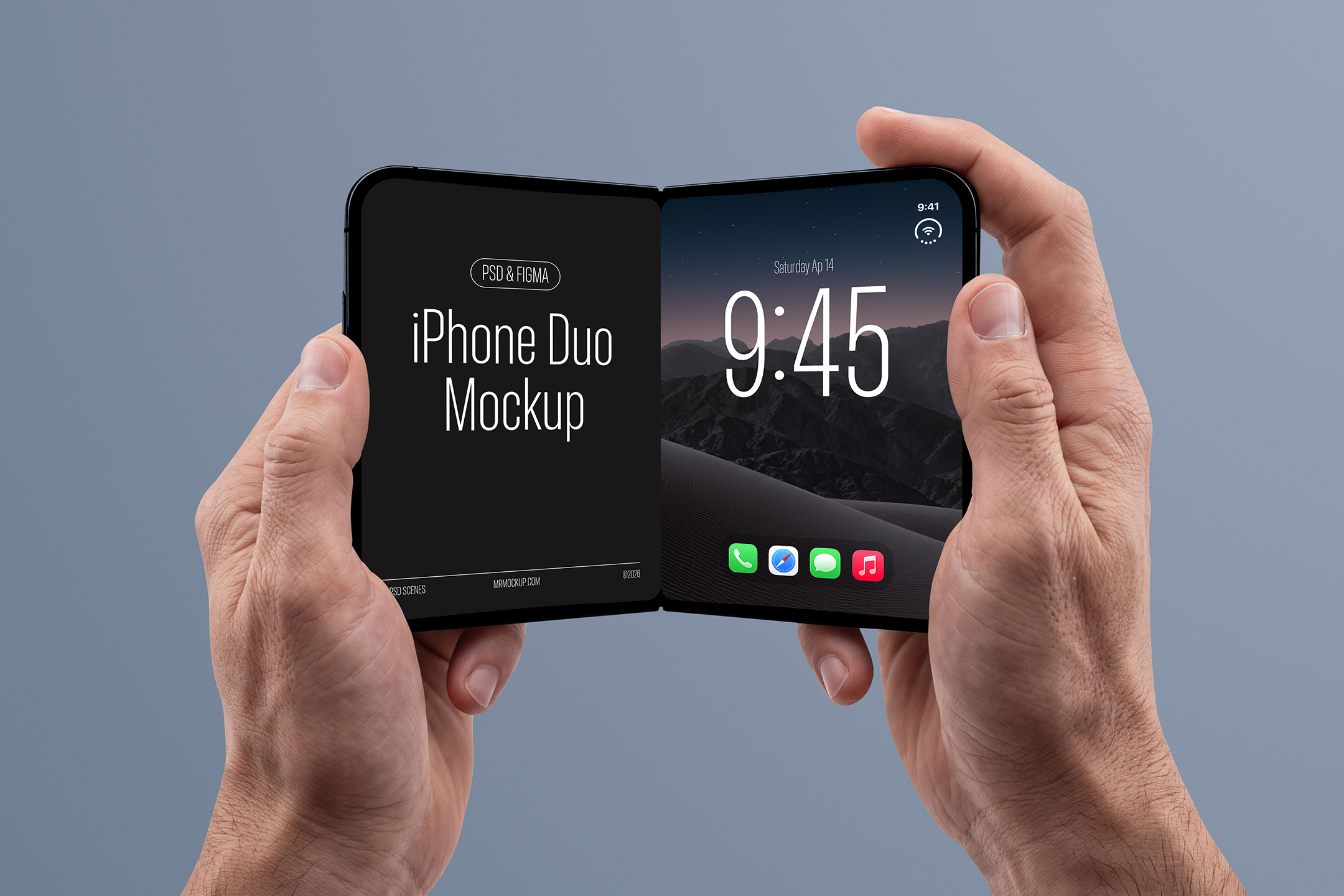 Held-in-Hands-iPhone-Duo-Mockup-08-IDM-a Two hands holding an open dark foldable smartphone showing a split screen display with title text on the left and a lock screen clock on the right.