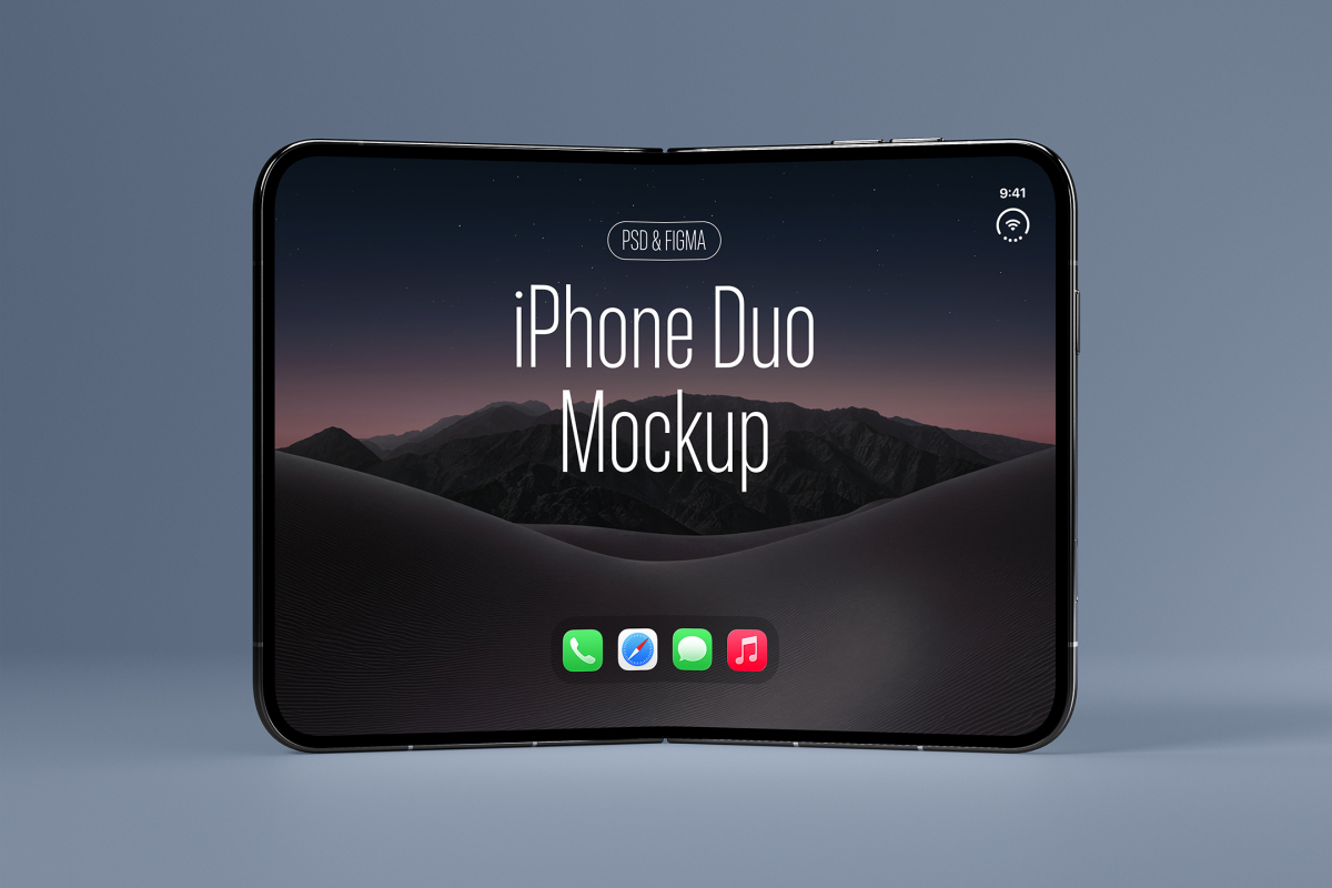 Front view of a black foldable smartphone mockup, slightly bent inward, displaying a dark desert wallpaper with the text 'iPhone Duo Mockup' on a muted blue background.