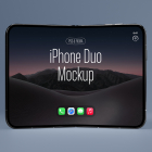 Front view of a black foldable smartphone mockup, slightly bent inward, displaying a dark desert wallpaper with the text 'iPhone Duo Mockup' on a muted blue background.