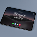 High-angle perspective of a dark unfolded foldable smartphone lying flat, displaying a dark desert wallpaper with app icons and screen title text.