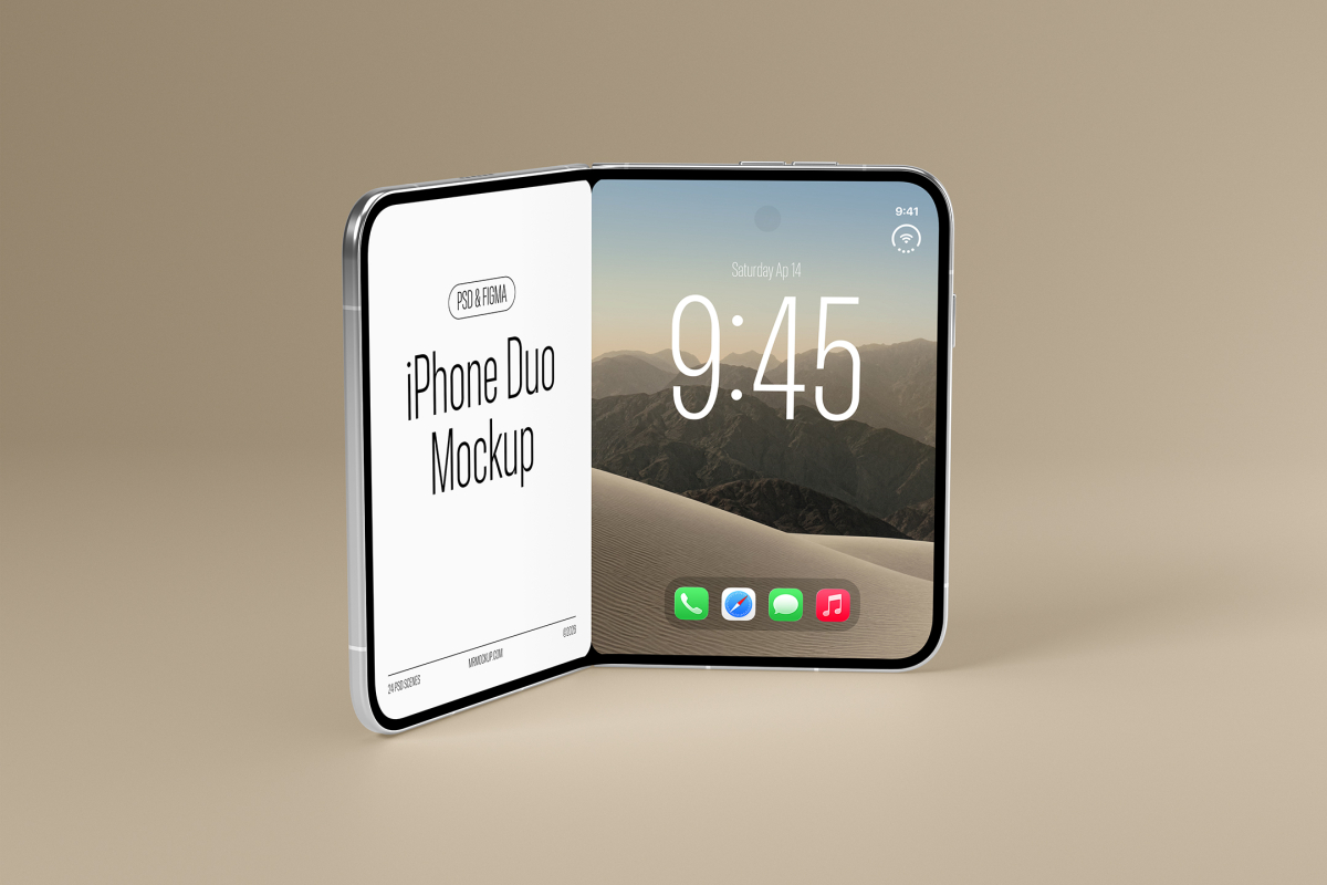 Side perspective view of a silver partially folded smartphone mockup on a beige background, displaying 'iPhone Duo Mockup' text on the left panel and a lock screen wallpaper with a digital clock on the right.