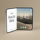 Side perspective view of a silver partially folded smartphone mockup on a beige background, displaying 'iPhone Duo Mockup' text on the left panel and a lock screen wallpaper with a digital clock on the right.