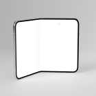 Side perspective view of a partially folded smartphone mockup with a blank white display on a minimal light gray background.