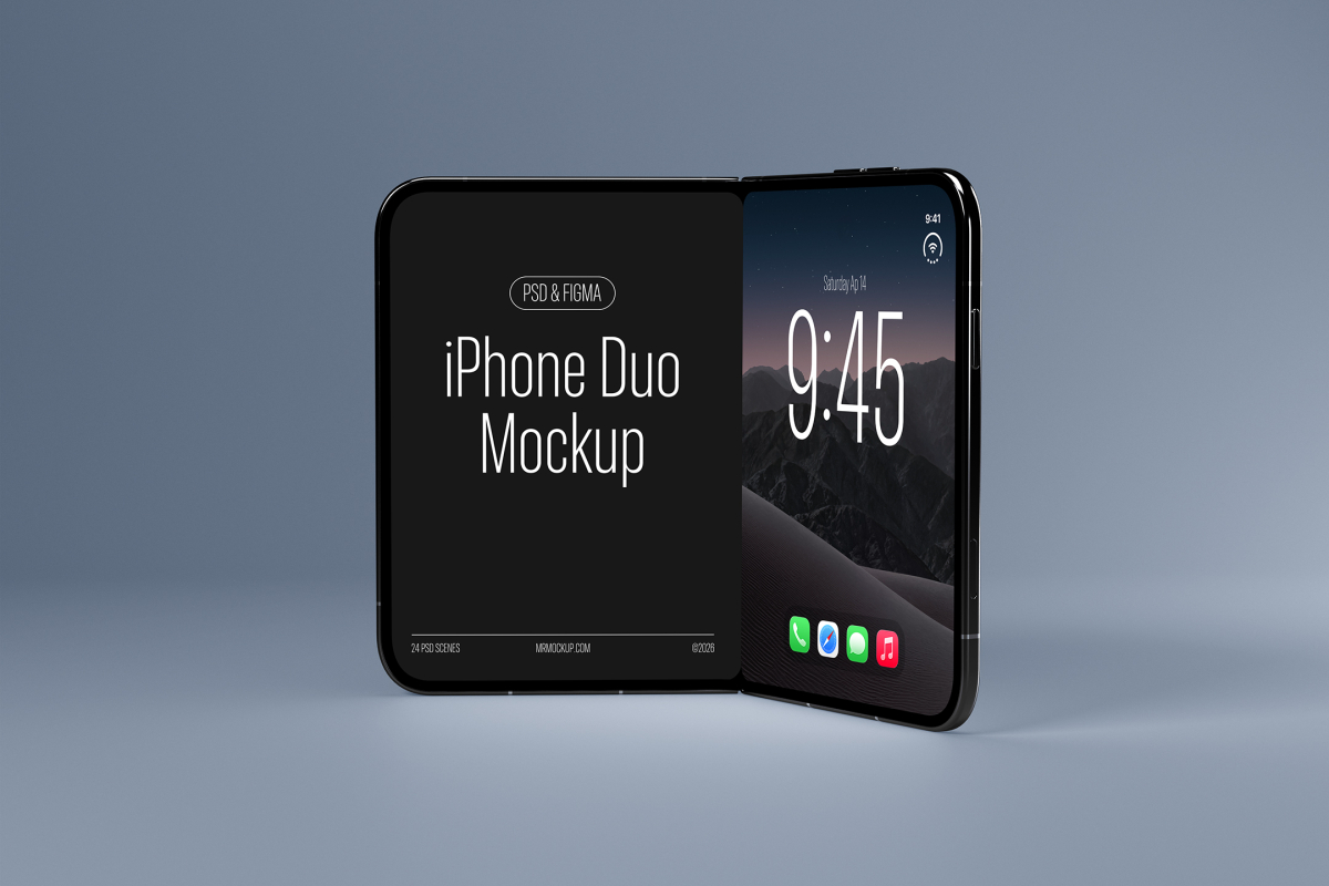 Three-quarter view of a dark foldable smartphone mockup angled to the right, showing mockup text on the left half and a lock screen display on the right half.