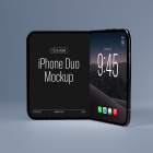 Three-quarter view of a dark foldable smartphone mockup angled to the right, showing mockup text on the left half and a lock screen display on the right half.