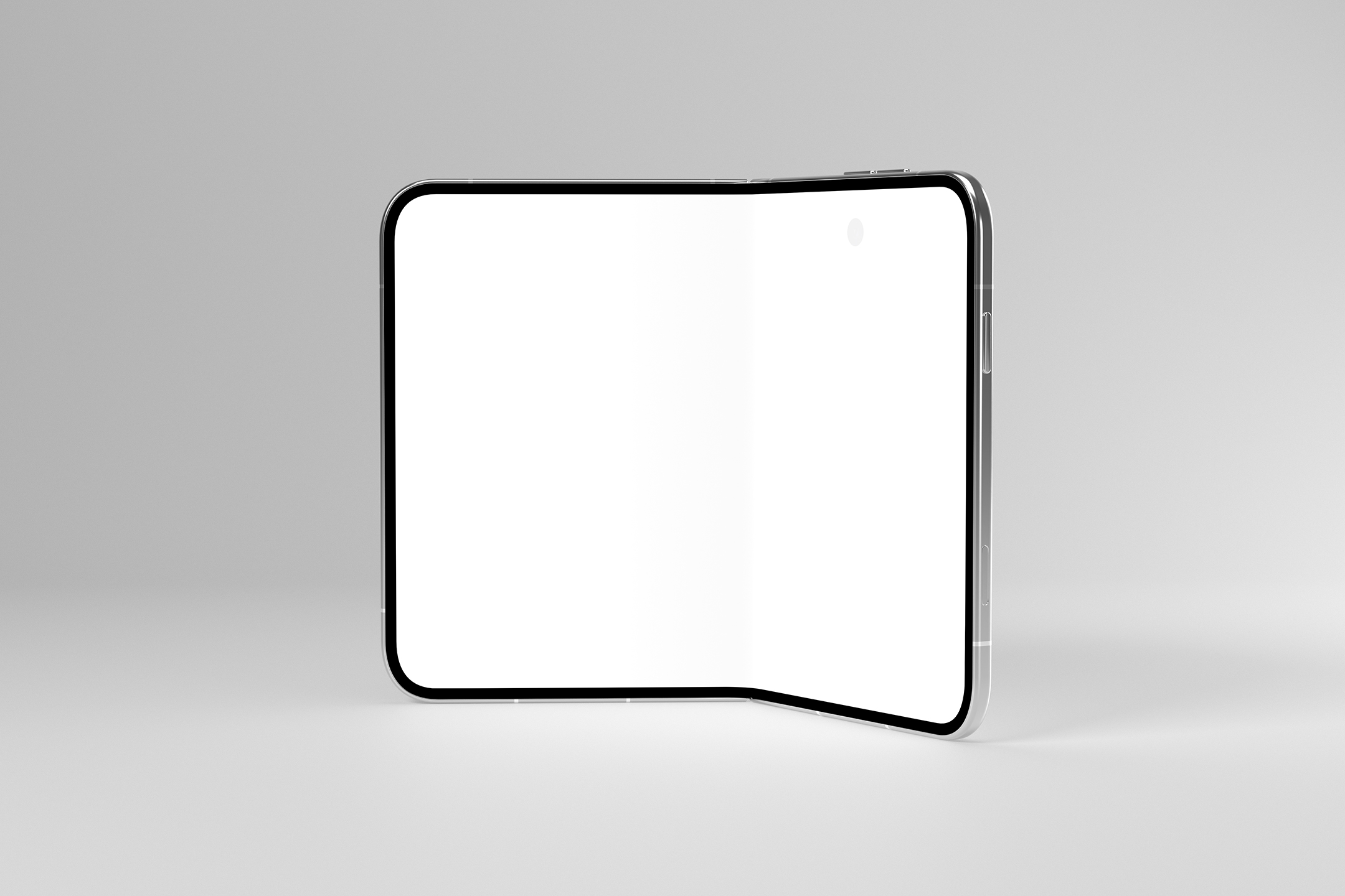 Three-quarter view of a foldable smartphone mockup angled to the right, showing a blank white inner display on a light gray background.