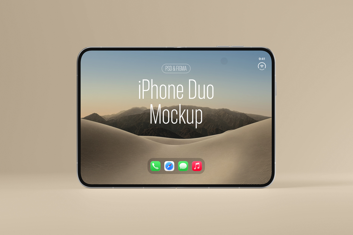 Frontal view of a fully unfolded silver foldable smartphone standing upright, displaying 'iPhone Duo Mockup' over a bright desert landscape wallpaper.