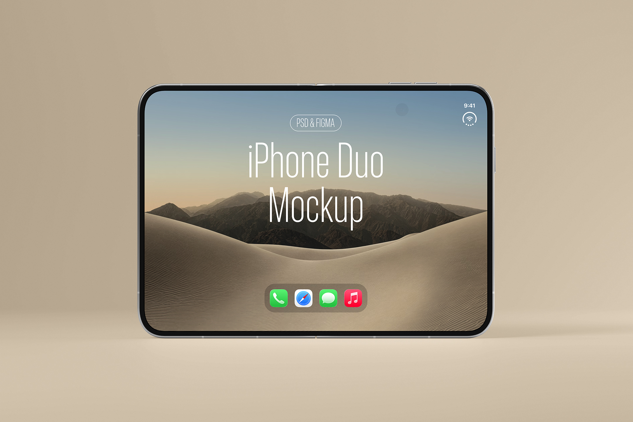 Open-iPhone-Duo-Mockup-10-IDM-a Frontal view of a fully unfolded silver foldable smartphone standing upright, displaying 'iPhone Duo Mockup' over a bright desert landscape wallpaper.