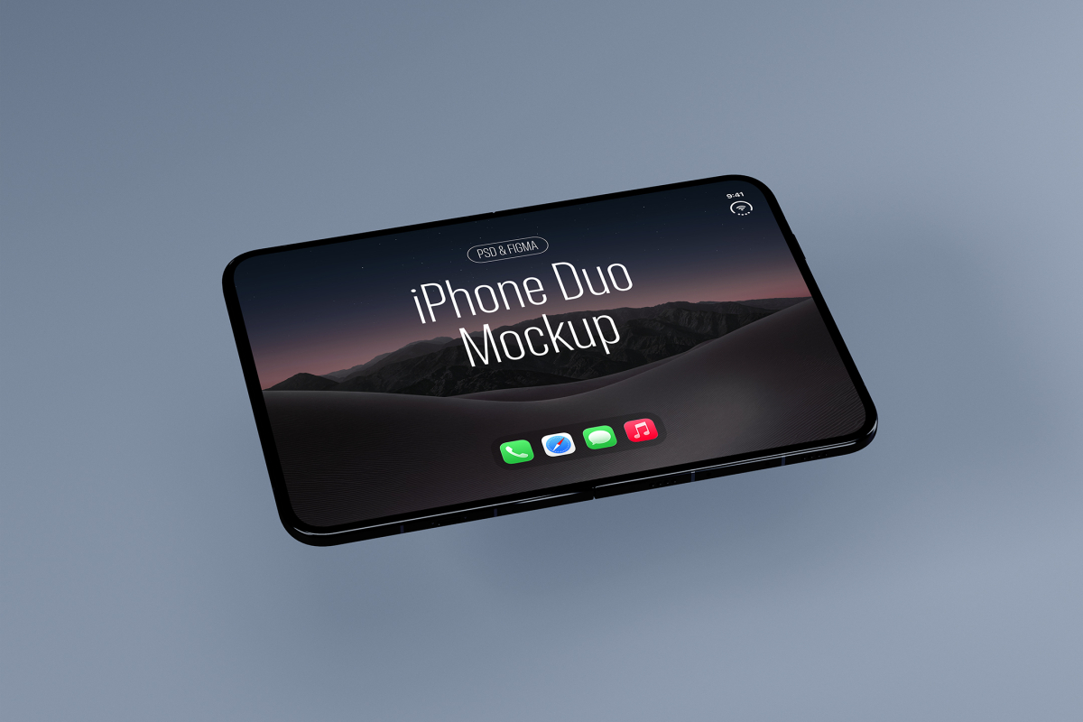 Floating perspective view of a dark fully unfolded foldable smartphone showing a dark desert landscape wallpaper with 'iPhone Duo Mockup' text.