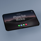 Floating perspective view of a dark fully unfolded foldable smartphone showing a dark desert landscape wallpaper with 'iPhone Duo Mockup' text.