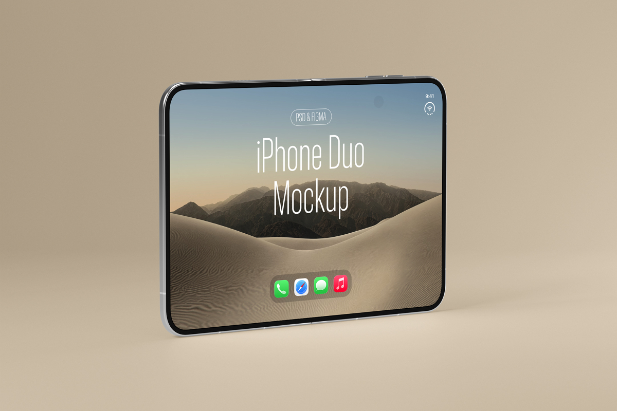 Side view of an unfolded silver foldable smartphone standing horizontally on a beige background, displaying a desert landscape wallpaper.