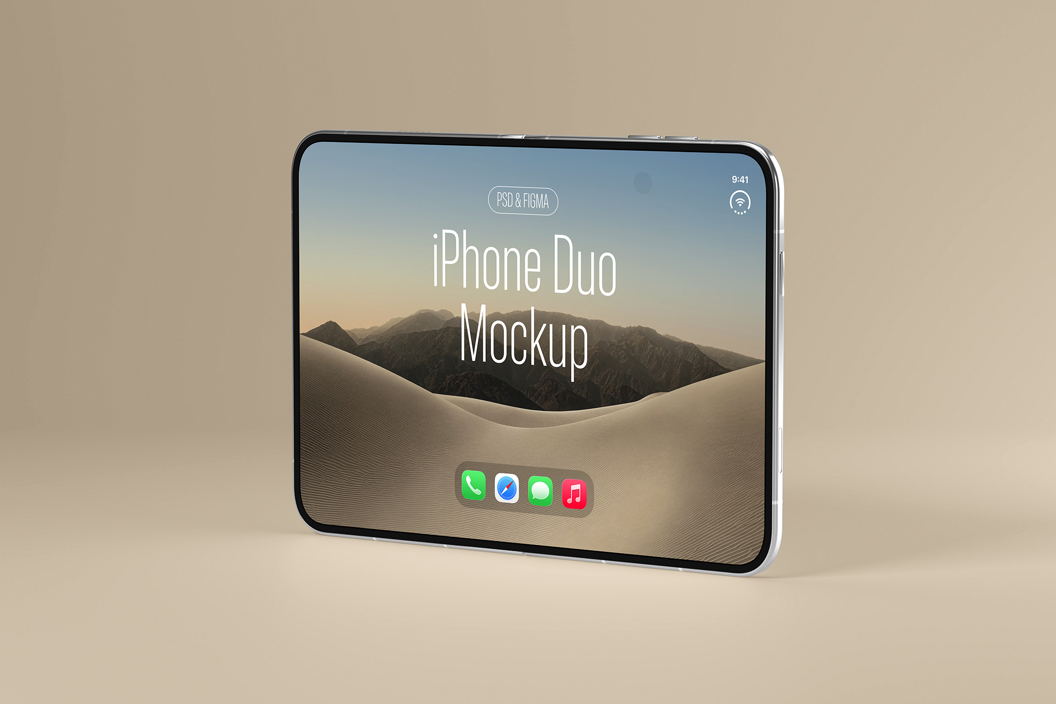 Open-iPhone-Duo-Mockup-17-IDM-a Three-quarter perspective view of an unfolded silver foldable smartphone standing upright on a beige background, showing a desert landscape display.