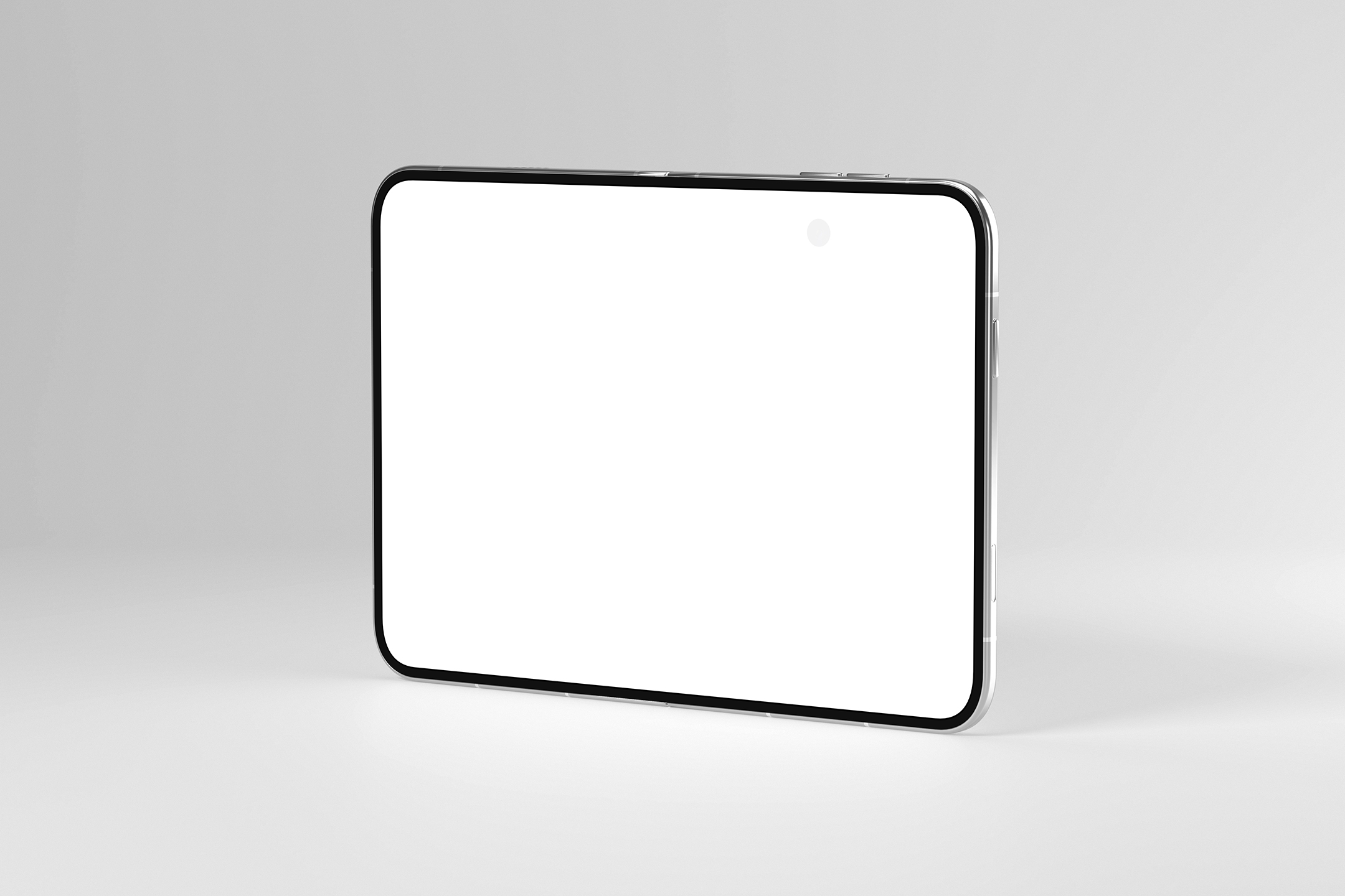 Three-quarter perspective view of an unfolded foldable smartphone standing upright with a blank screen.