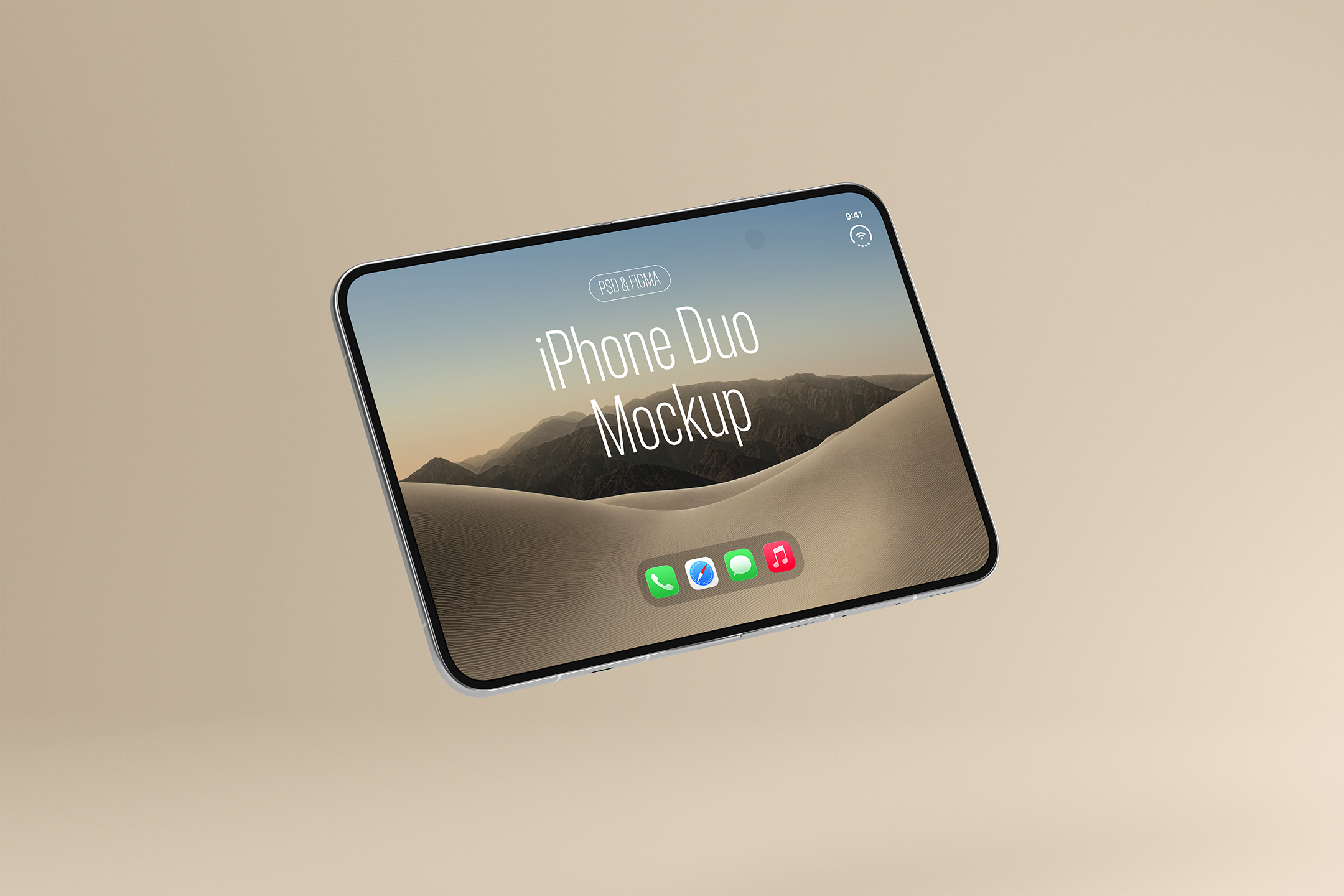 Open-iPhone-Duo-Mockup-20-IDM-a Floating top-down perspective of an open silver foldable smartphone tilted against a light beige background, displaying a desert wallpaper.