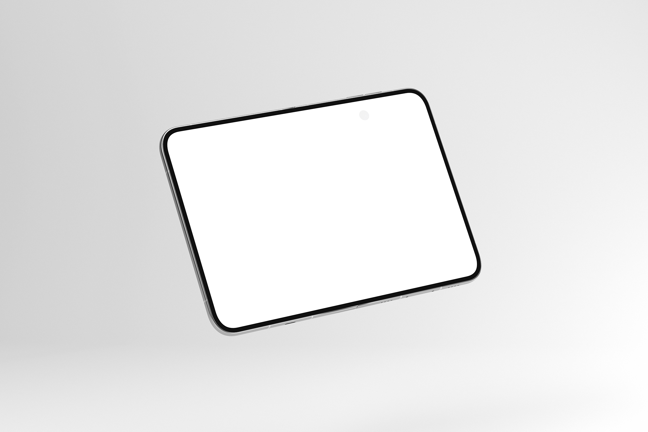Floating top-down perspective of an open foldable smartphone with a blank white display tilted against a minimal background.