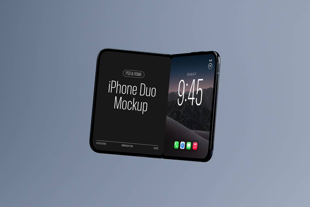 Floating view of a slightly bent dark foldable smartphone in landscape orientation, showing 'iPhone Duo Mockup' text on the left panel and a lock screen clock on the right panel.