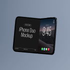 Floating view of a slightly bent dark foldable smartphone in landscape orientation, showing 'iPhone Duo Mockup' text on the left panel and a lock screen clock on the right panel.