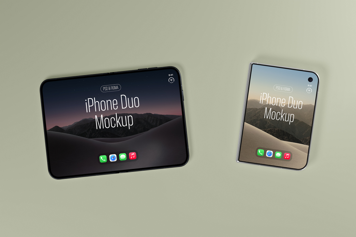Top-down view of two foldable smartphones on a beige background, one fully unfolded displaying a dark screen wallpaper and one folded showing a lighter wallpaper.