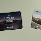 Top-down view of two foldable smartphones on a beige background, one fully unfolded displaying a dark screen wallpaper and one folded showing a lighter wallpaper.