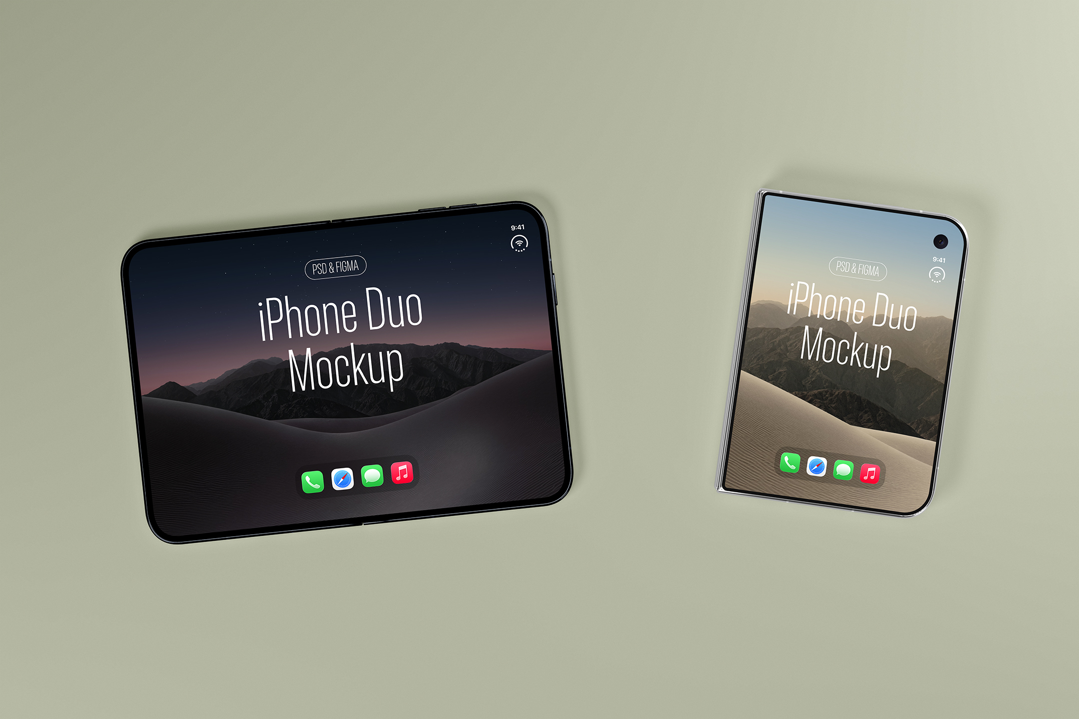 Two-iPhone-Duo-Mockups-09-IDM-a Top-down view of two foldable smartphones on a beige background, one fully unfolded displaying a dark screen wallpaper and one folded showing a lighter wallpaper.