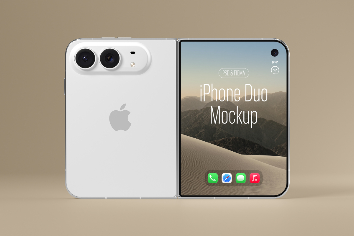 Unfolded white foldable smartphone mockup showing the rear panel with Apple logo and dual camera module on the left, alongside the outer display with 'iPhone Duo Mockup' text on the right.
