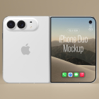 Unfolded white foldable smartphone mockup showing the rear panel with Apple logo and dual camera module on the left, alongside the outer display with 'iPhone Duo Mockup' text on the right.