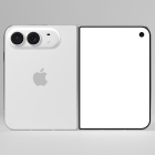 Flat back and front view of a unfolded foldable smartphone showing the white back cover with dual camera module and Apple logo alongside a blank cover screen.