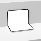 Front perspective view of a partially folded smartphone standing open on a white stepped display shelf with a blank screen.