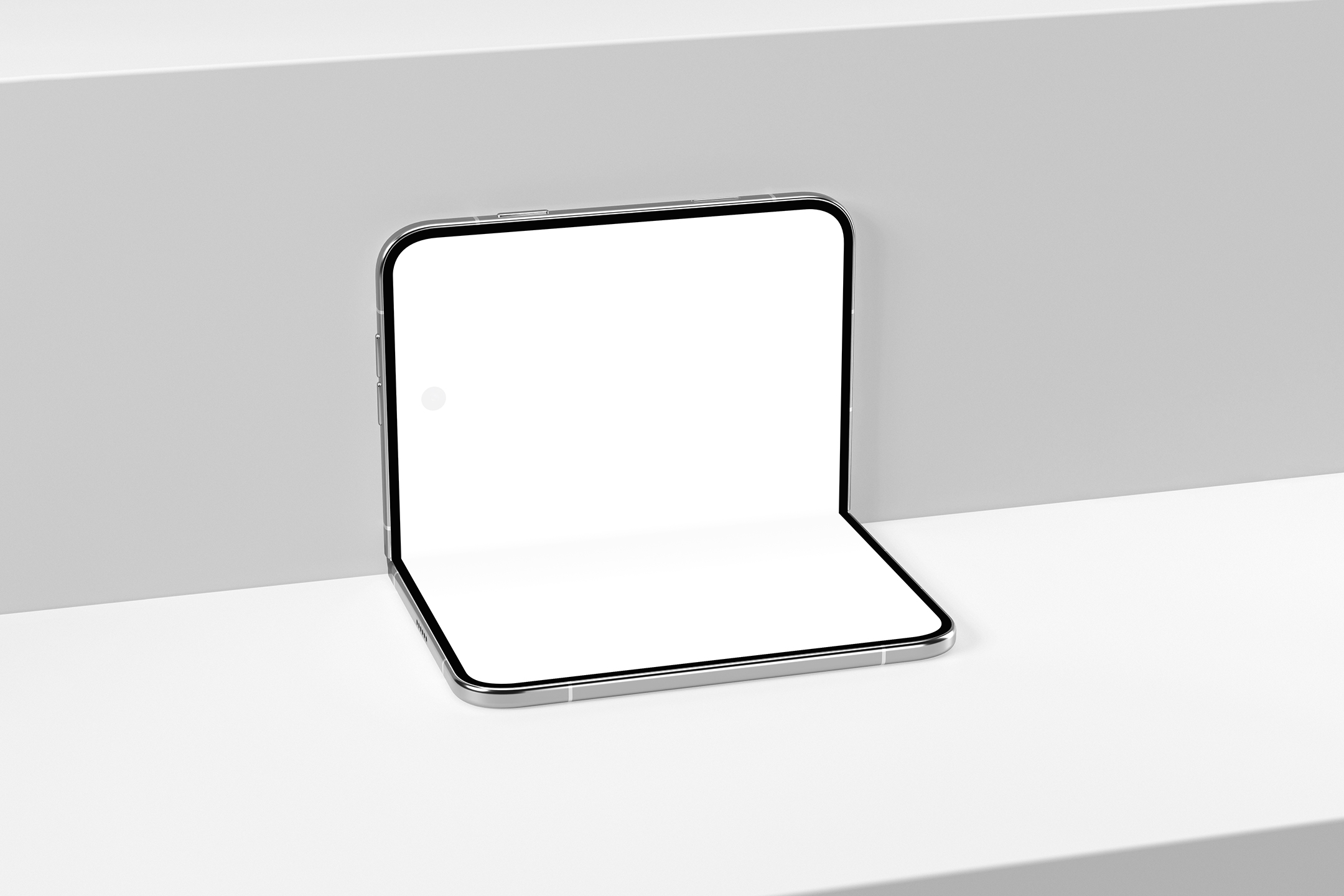 Front perspective view of a partially folded smartphone standing open on a white stepped display shelf with a blank screen.