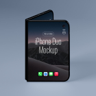Front view of a folded dark smartphone standing upright on a muted blue background, displaying a dark desert wallpaper with app icons on its outer screen.