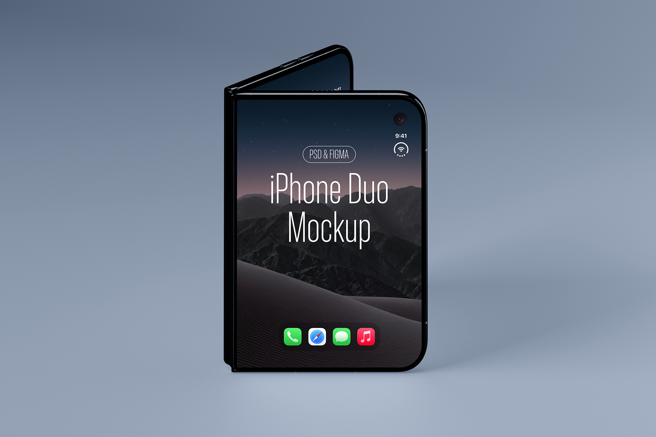 iPhone-Duo-Mockup-12-IDM-a Front view of a folded dark smartphone standing upright on a muted blue background, displaying a dark desert wallpaper with app icons on its outer screen.