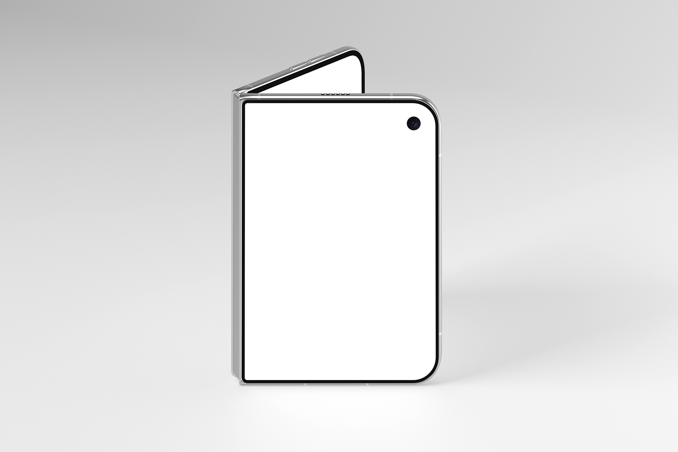 Front view of a folded smartphone standing upright, showing its blank cover display with a punch-hole camera on a plain background.
