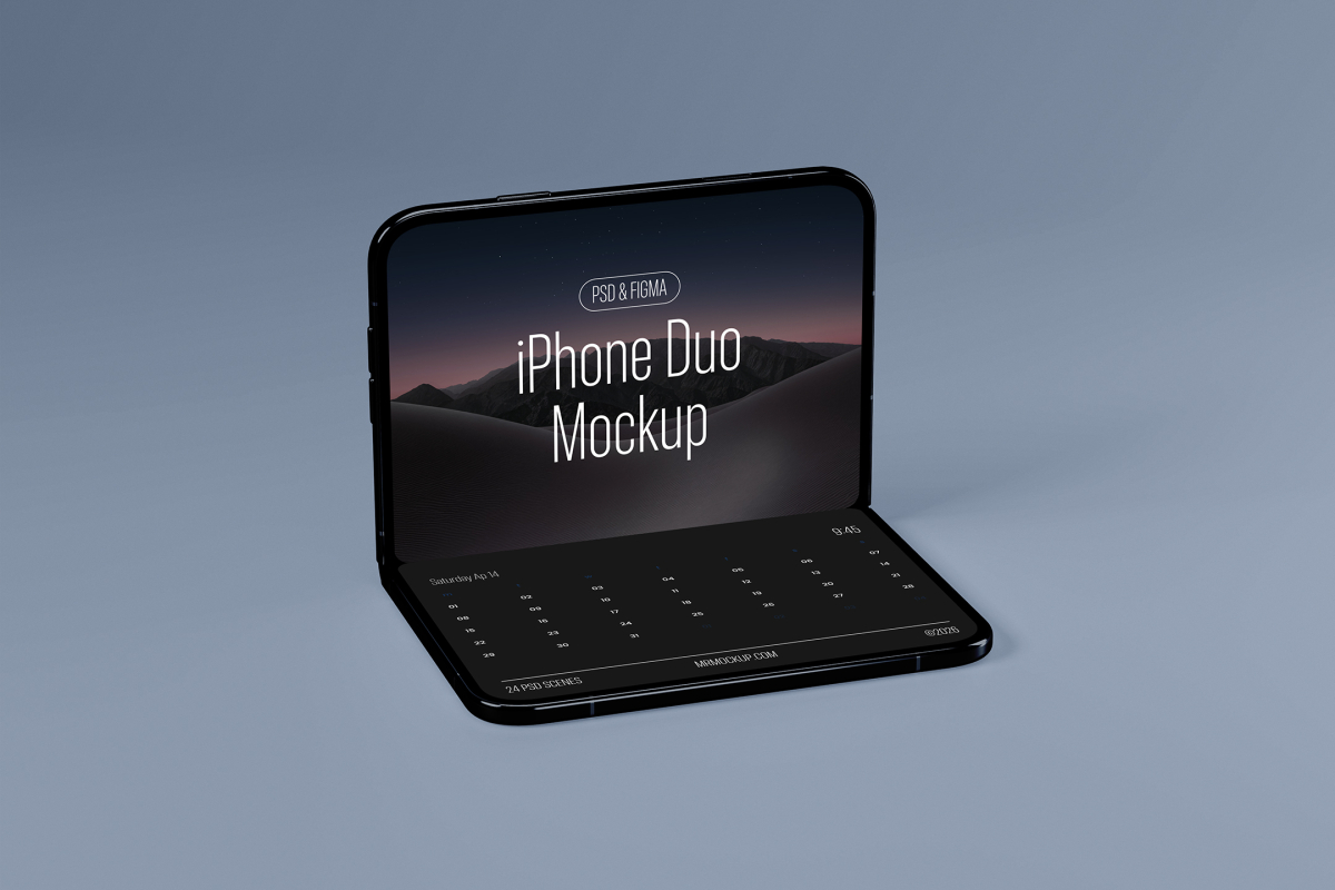 Three-quarter angle view of an open dark foldable smartphone bent in a laptop position, displaying 'iPhone Duo Mockup' text on top and a calendar grid below.
