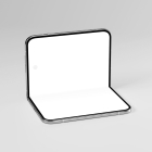Three-quarter angle view of an open foldable smartphone bent in a laptop-like position with blank screens on a gray background.