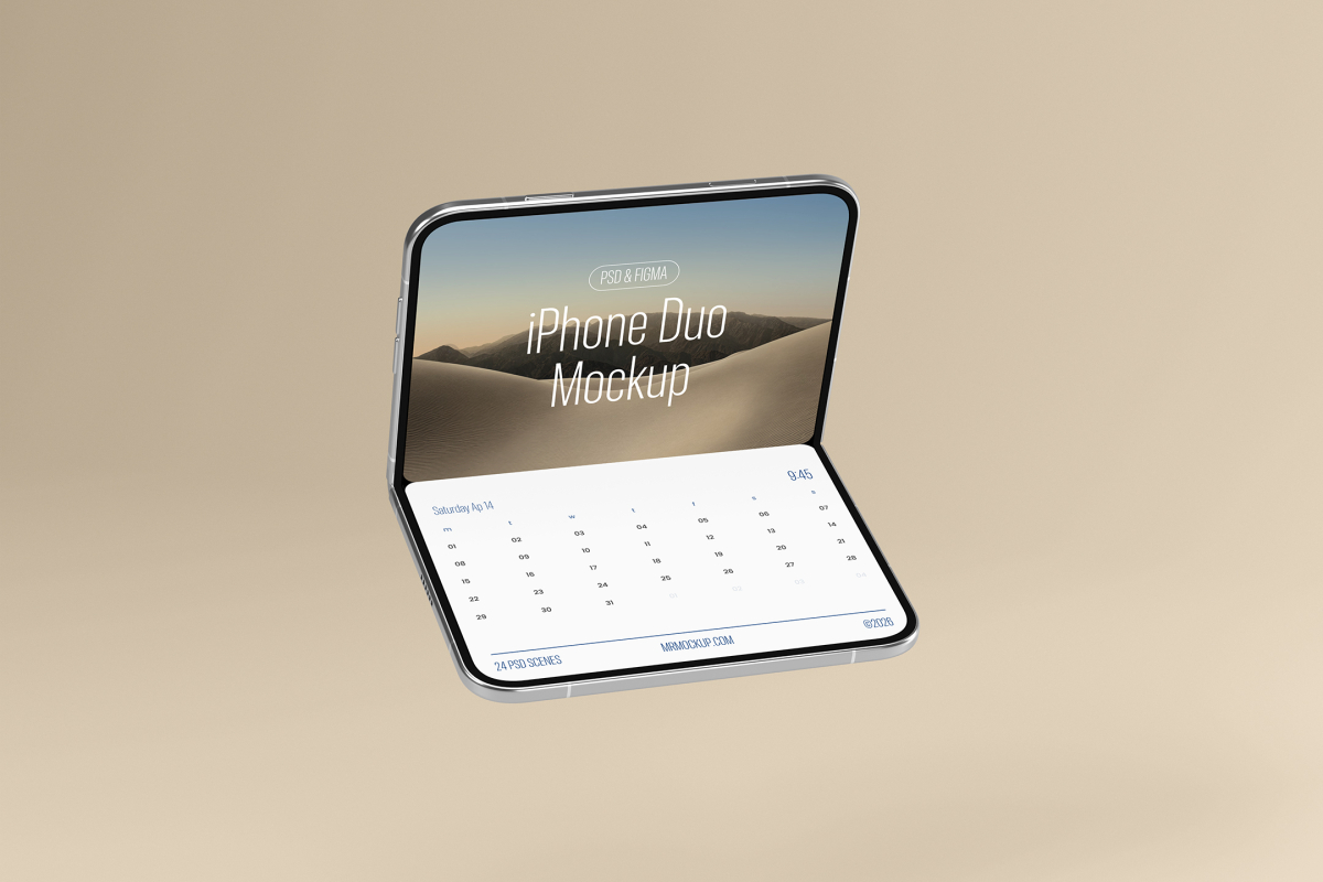 Floating high-angle view of a silver foldable smartphone open in L-shape, displaying a desert landscape wallpaper on top and a clean calendar screen on the bottom section.