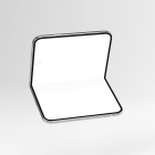 High-angle floating view of an open foldable smartphone bent in L-shape, showing a full blank white inner display.