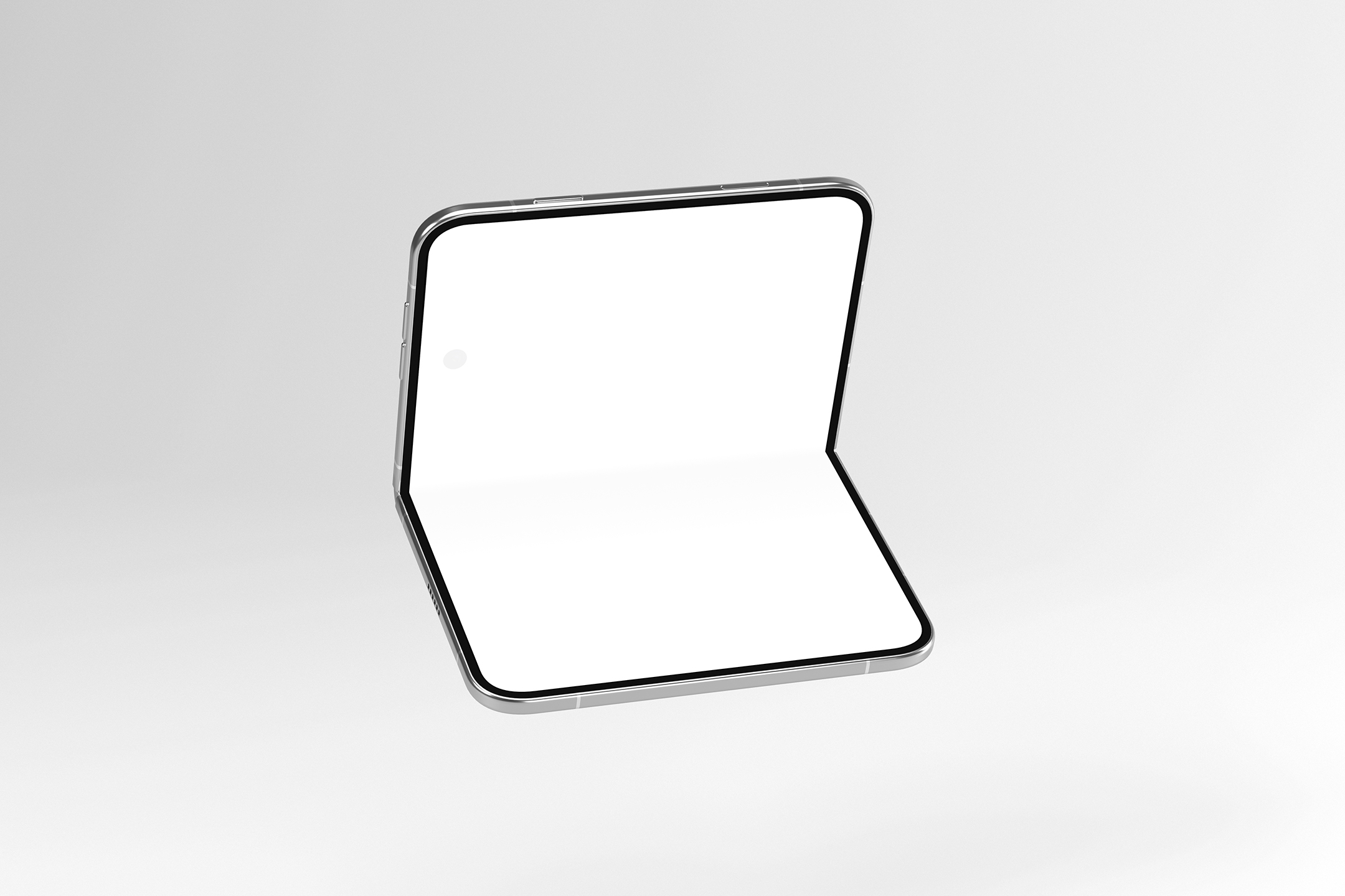 High-angle floating view of an open foldable smartphone bent in L-shape, showing a full blank white inner display.