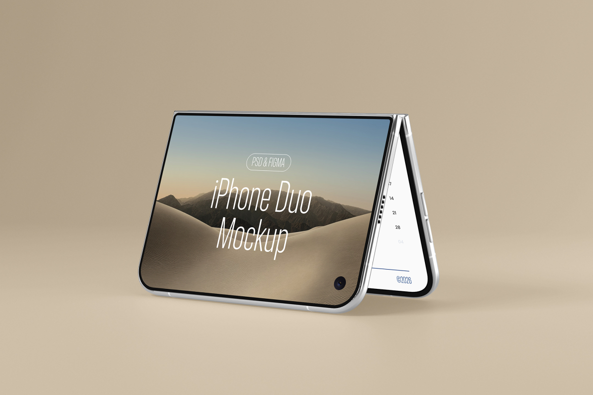 Side perspective view of a silver foldable smartphone standing in tent mode on a beige background, displaying 'iPhone Duo Mockup' over a bright desert scene.