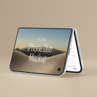 Side perspective view of a silver foldable smartphone standing in tent mode on a beige background, displaying 'iPhone Duo Mockup' over a bright desert scene.